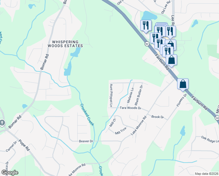 map of restaurants, bars, coffee shops, grocery stores, and more near 2805 Aunt Pittypat Lane in Douglasville