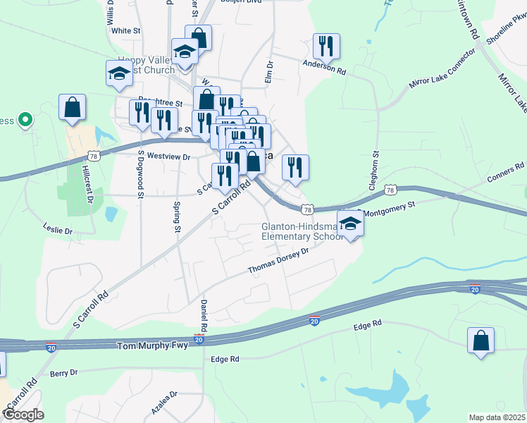 map of restaurants, bars, coffee shops, grocery stores, and more near 206 East Wilson Street in Villa Rica
