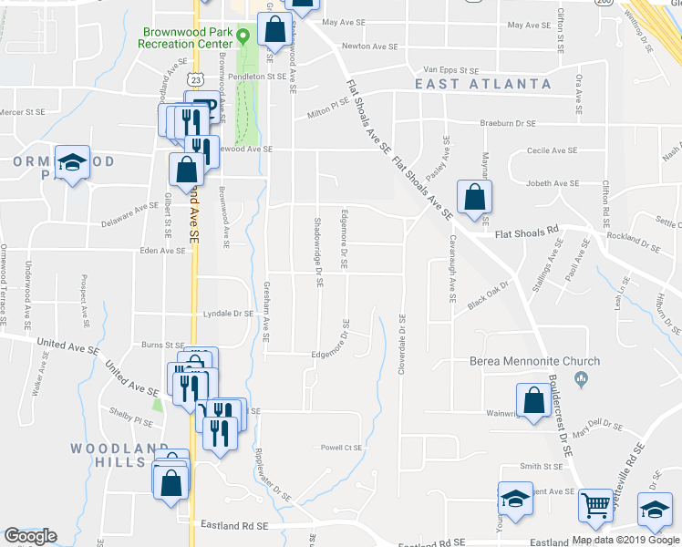 map of restaurants, bars, coffee shops, grocery stores, and more near 1169 Greenleaf Road Southeast in Atlanta