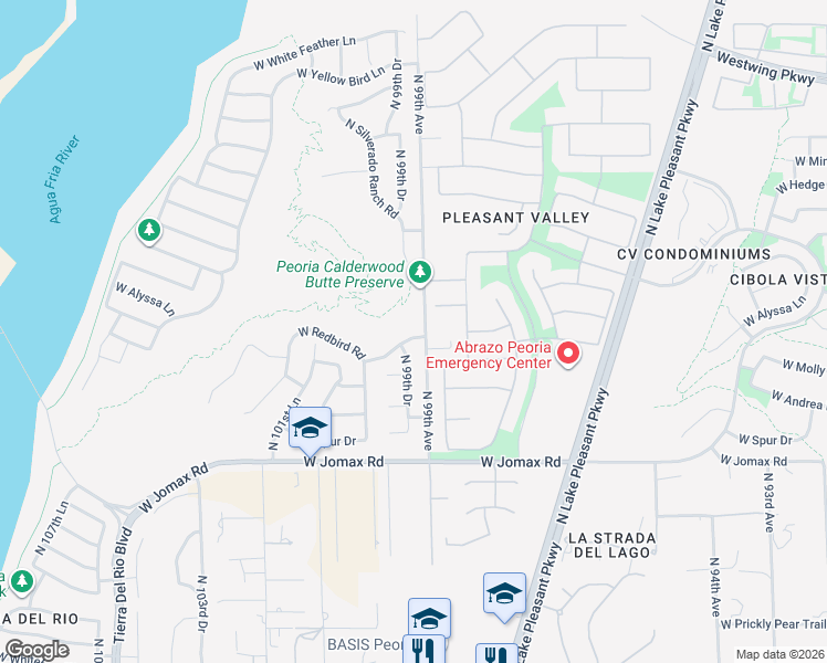 map of restaurants, bars, coffee shops, grocery stores, and more near 9910 West Redbird Road in Peoria