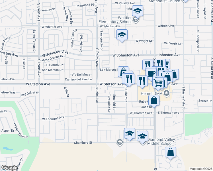 map of restaurants, bars, coffee shops, grocery stores, and more near 757 West Stetson Avenue in Hemet