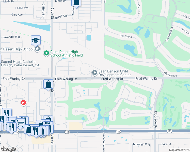 map of restaurants, bars, coffee shops, grocery stores, and more near 75433 Orange Blossom Lane in Palm Desert