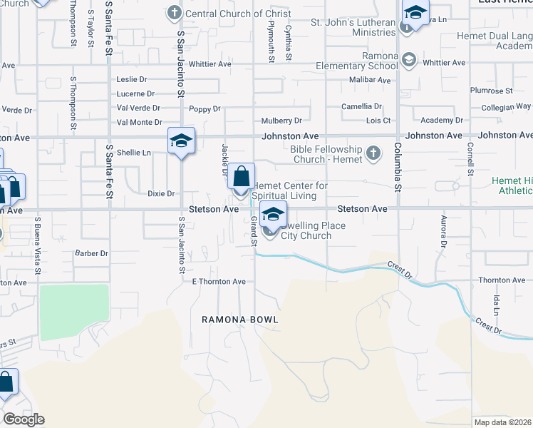 map of restaurants, bars, coffee shops, grocery stores, and more near 40539 Stetson Avenue in Hemet