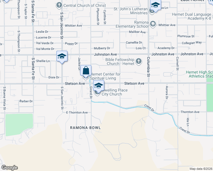 map of restaurants, bars, coffee shops, grocery stores, and more near 27013 Madison Court in Hemet