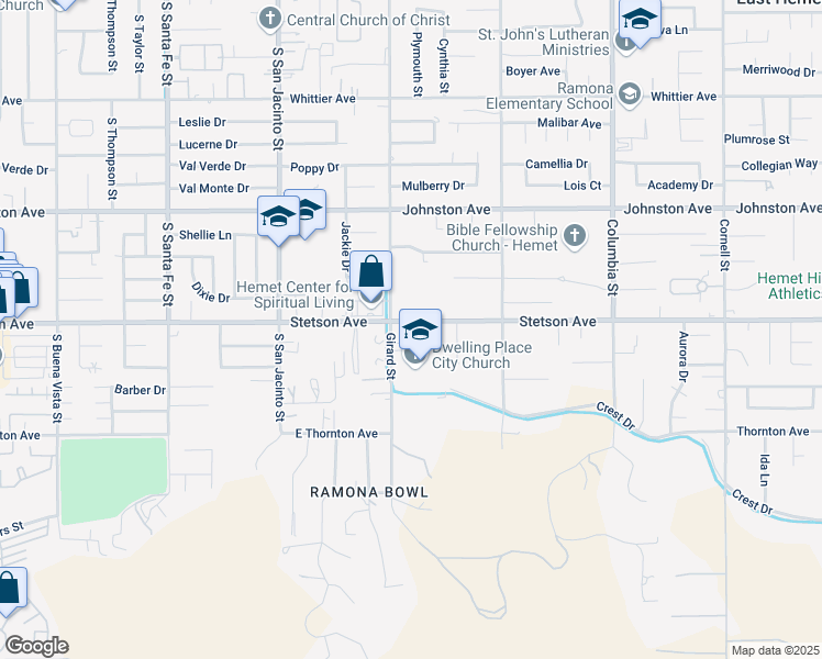 map of restaurants, bars, coffee shops, grocery stores, and more near 40539 Stetson Avenue in Hemet