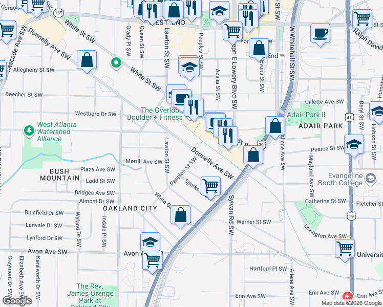 map of restaurants, bars, coffee shops, grocery stores, and more near 1016 Donnelly Avenue Southwest in Atlanta