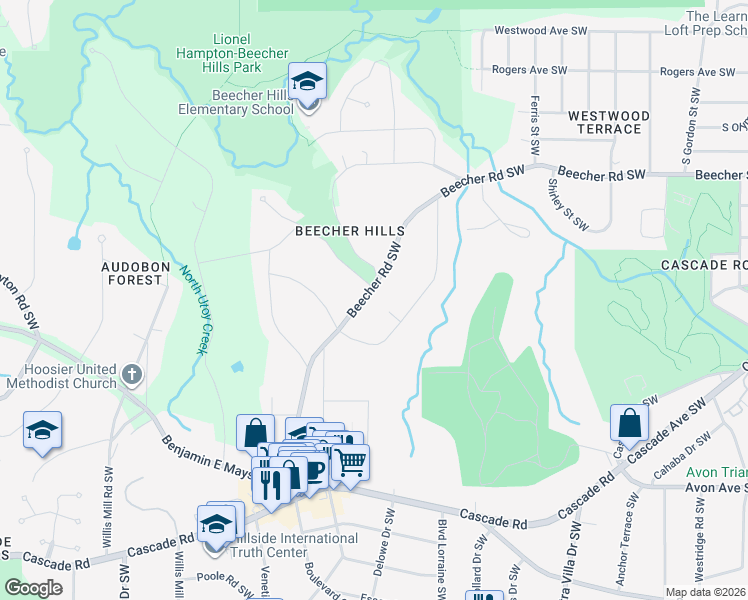 map of restaurants, bars, coffee shops, grocery stores, and more near 2222 Beecher Road Southwest in Atlanta