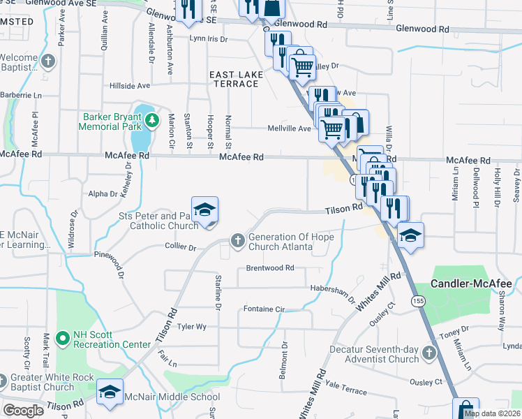map of restaurants, bars, coffee shops, grocery stores, and more near 2642 Tilson Road in Decatur