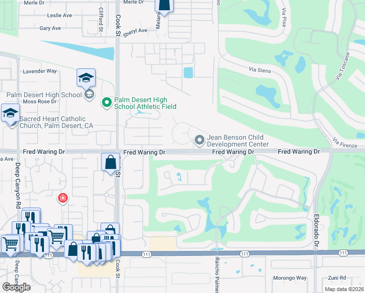 map of restaurants, bars, coffee shops, grocery stores, and more near 75349 Kelsey Circle South in Palm Desert