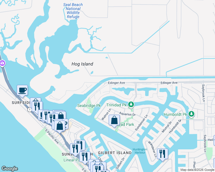 map of restaurants, bars, coffee shops, grocery stores, and more near 3396 Sparkler Drive in Huntington Beach
