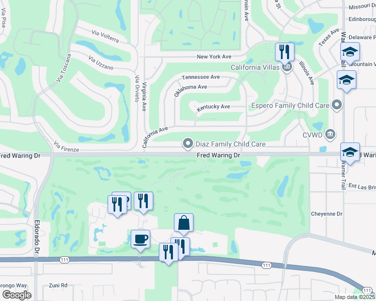 map of restaurants, bars, coffee shops, grocery stores, and more near 76707 Florida Avenue in Palm Desert