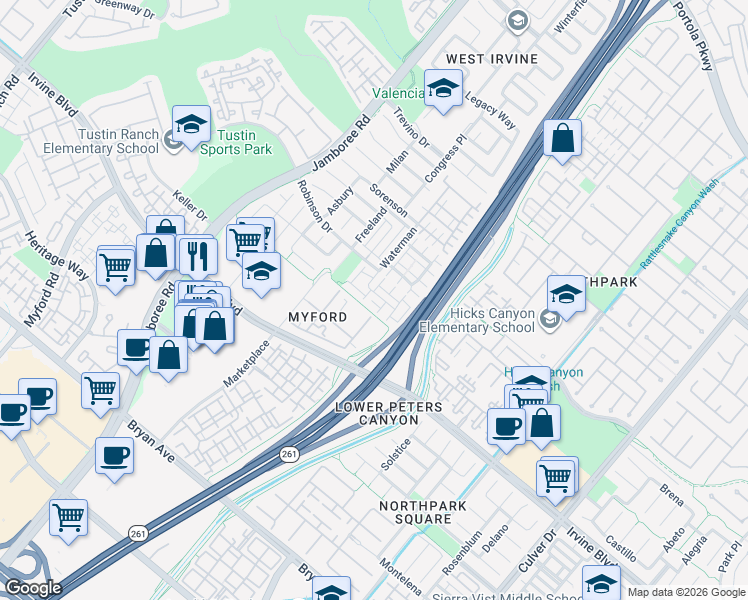 map of restaurants, bars, coffee shops, grocery stores, and more near 16 Starwood in Irvine