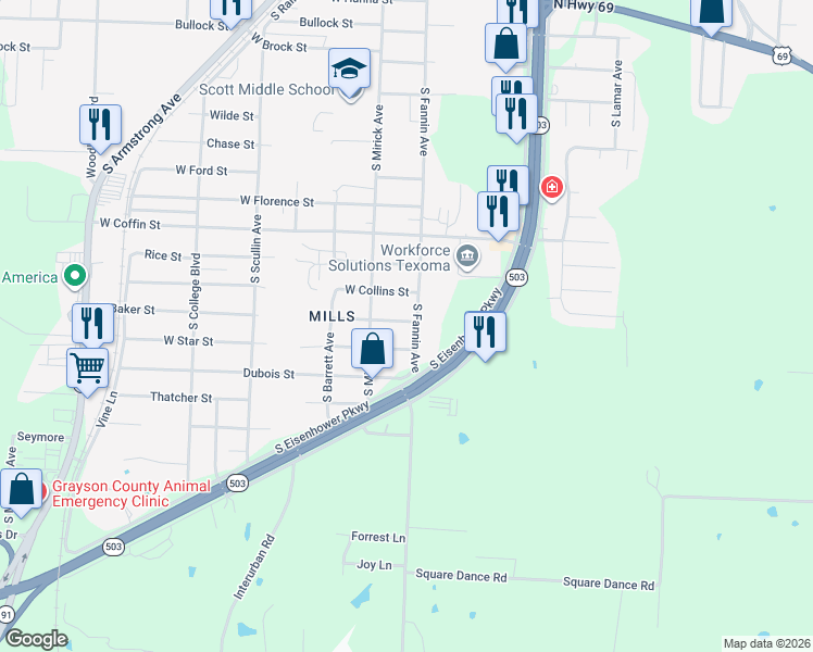 map of restaurants, bars, coffee shops, grocery stores, and more near 504 West Baker Street in Denison