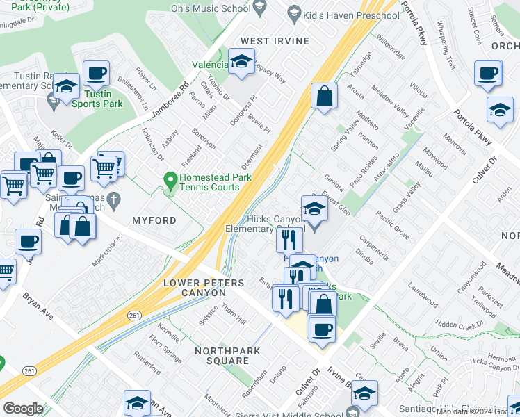map of restaurants, bars, coffee shops, grocery stores, and more near 1506 Terra Bella in Irvine