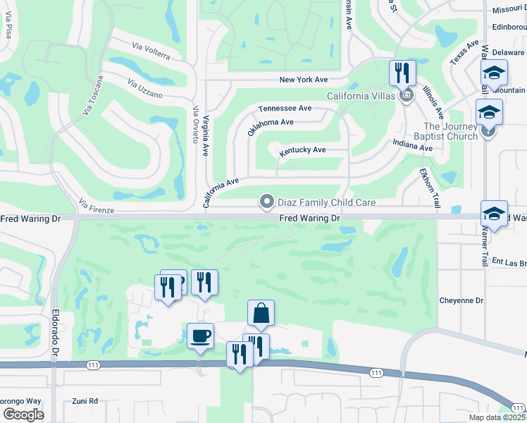 map of restaurants, bars, coffee shops, grocery stores, and more near 76715 Florida Avenue in Palm Desert