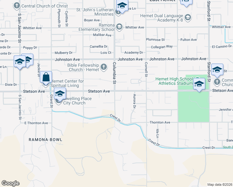 map of restaurants, bars, coffee shops, grocery stores, and more near 41011 Stetson Avenue in Hemet