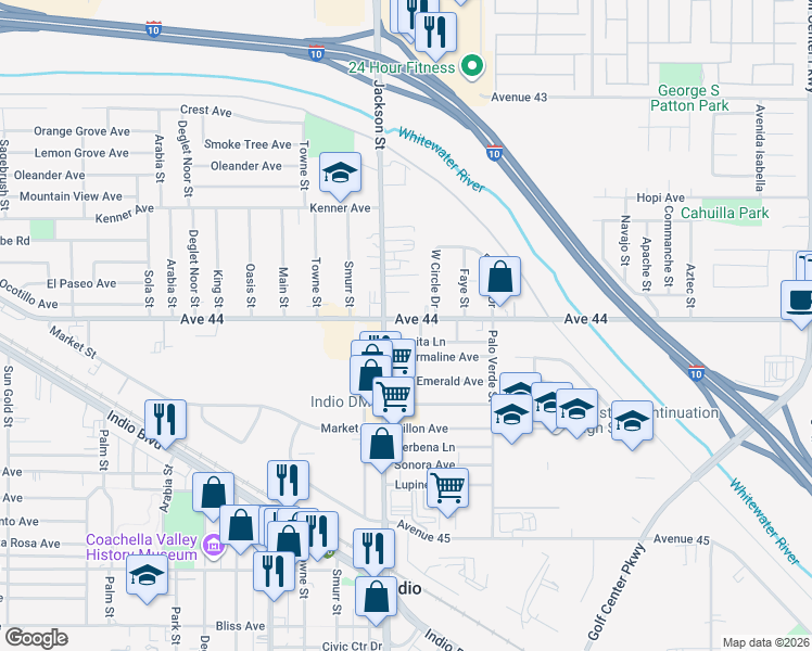 map of restaurants, bars, coffee shops, grocery stores, and more near 83037 Avenue 44 in Indio