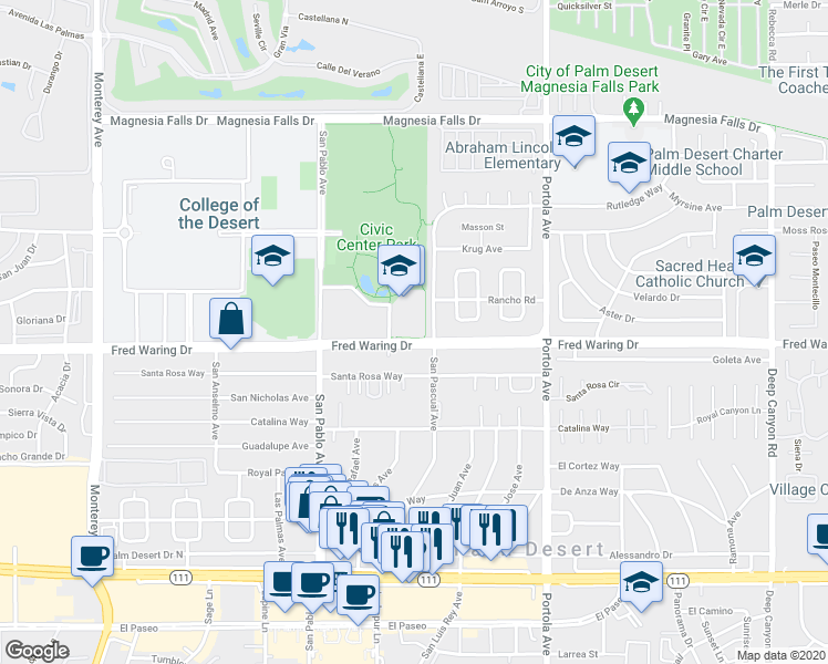 map of restaurants, bars, coffee shops, grocery stores, and more near 73720 Fred Waring Drive in Palm Desert