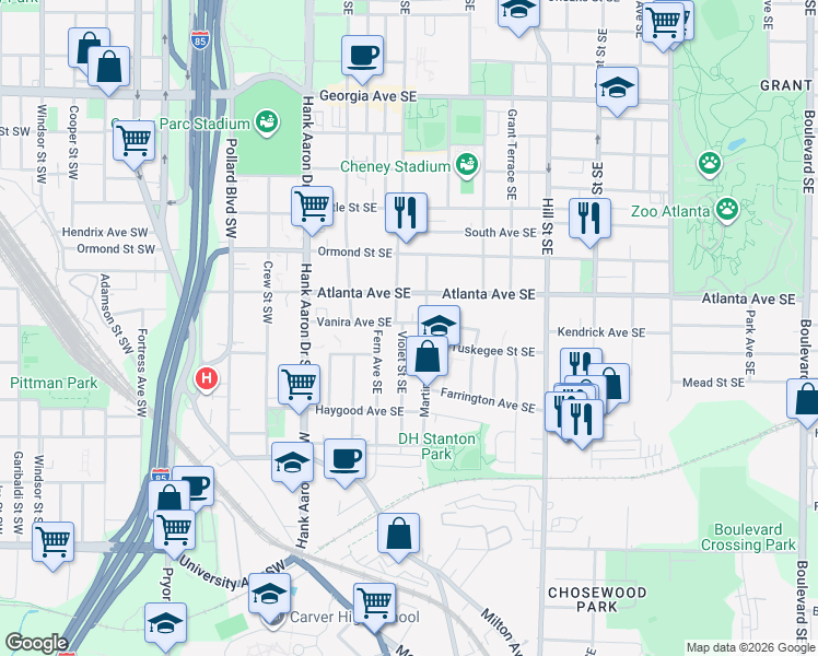 map of restaurants, bars, coffee shops, grocery stores, and more near 123 Vanira Avenue Southeast in Atlanta