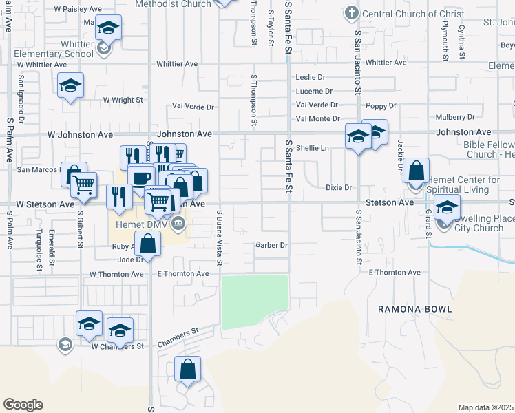 map of restaurants, bars, coffee shops, grocery stores, and more near 660 Vista De Loma in Hemet