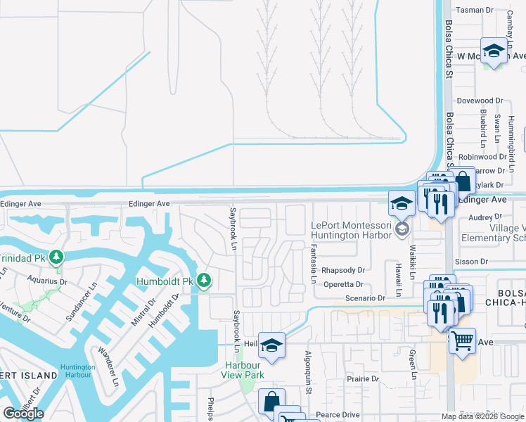 map of restaurants, bars, coffee shops, grocery stores, and more near 16222 Monterey Lane in Huntington Beach