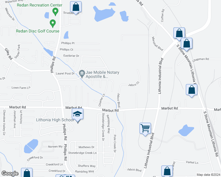 map of restaurants, bars, coffee shops, grocery stores, and more near 6515 Charter Way in Lithonia