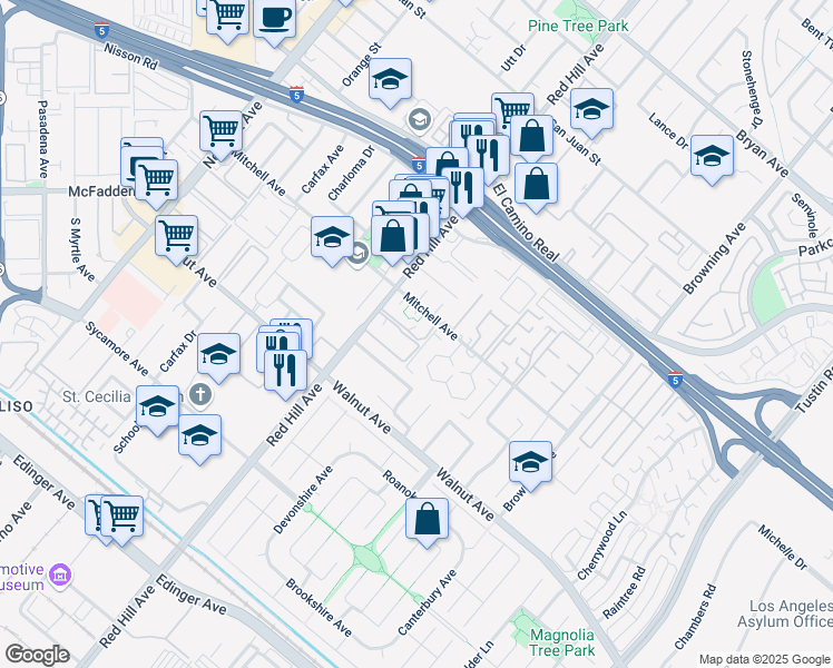 map of restaurants, bars, coffee shops, grocery stores, and more near 1596 Mitchell Avenue in Tustin