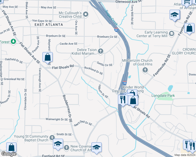 map of restaurants, bars, coffee shops, grocery stores, and more near 1830 Flat Shoals Road in Atlanta