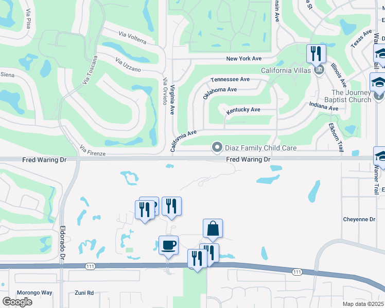 map of restaurants, bars, coffee shops, grocery stores, and more near 76615 Florida Avenue in Palm Desert