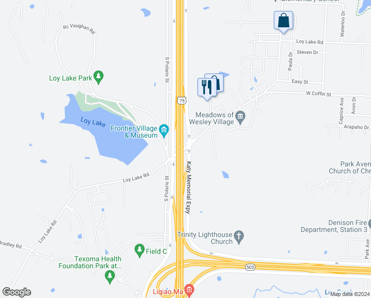 map of restaurants, bars, coffee shops, grocery stores, and more near 3298 Loy Lake Road in Denison