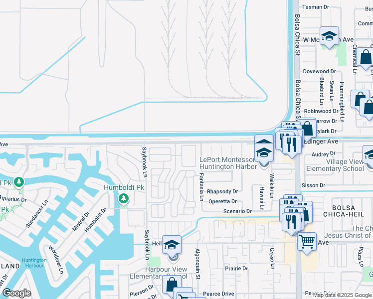 map of restaurants, bars, coffee shops, grocery stores, and more near 4458 Alderport Drive in Huntington Beach