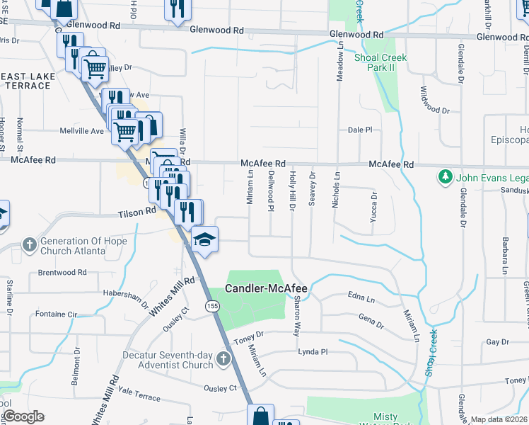 map of restaurants, bars, coffee shops, grocery stores, and more near 2096 Miriam Lane in Decatur