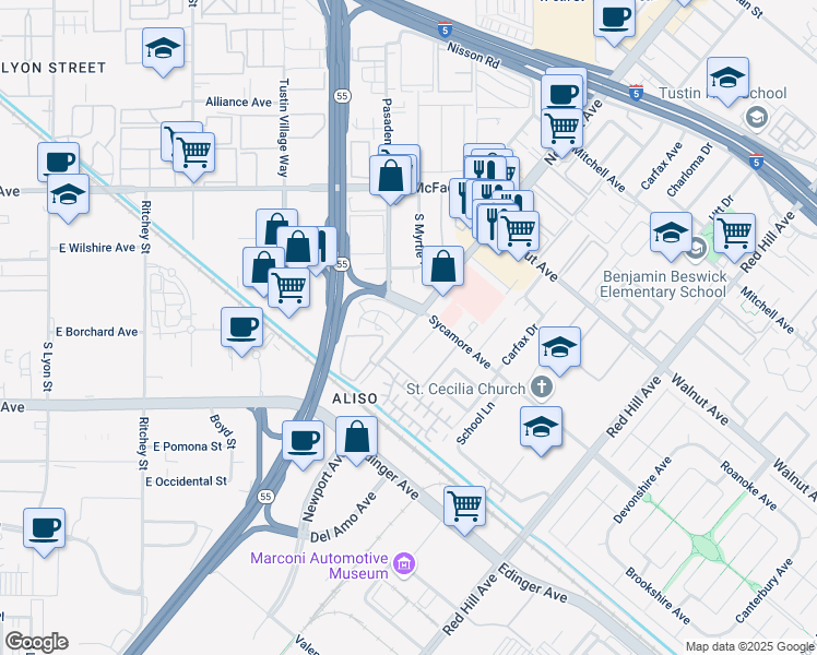map of restaurants, bars, coffee shops, grocery stores, and more near 14791 Newport Ave in Tustin
