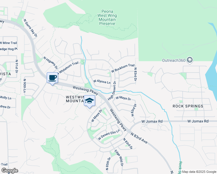 map of restaurants, bars, coffee shops, grocery stores, and more near 8430 West Bajada Road in Peoria