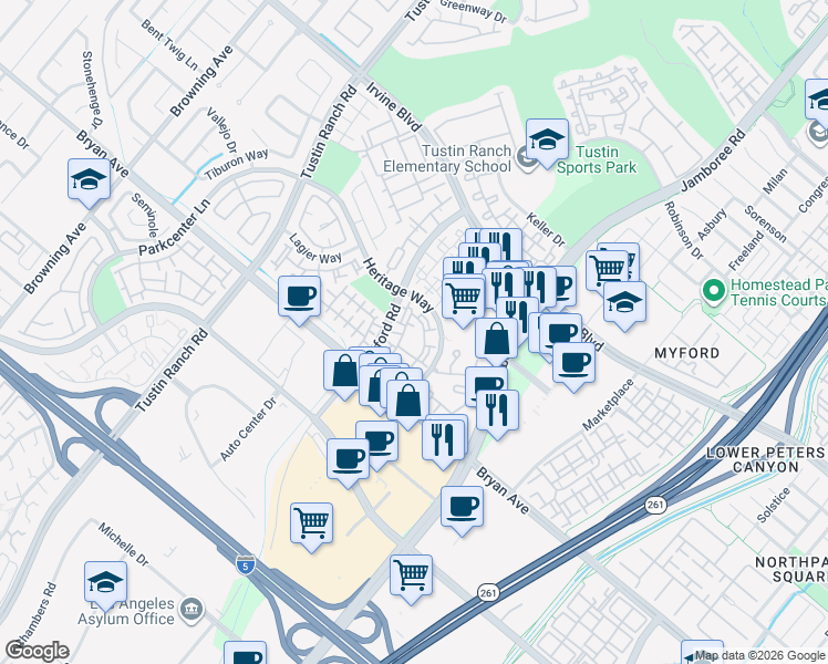 map of restaurants, bars, coffee shops, grocery stores, and more near 13362 Verona in Tustin