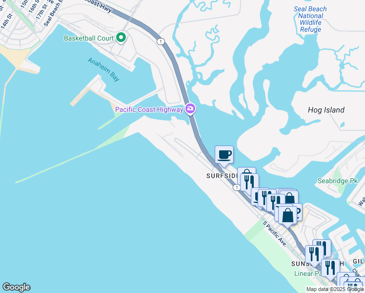 map of restaurants, bars, coffee shops, grocery stores, and more near 108 Surfside Avenue in Seal Beach