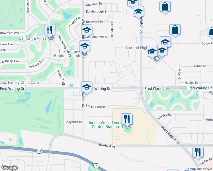 map of restaurants, bars, coffee shops, grocery stores, and more near 77707 Cll Las Brisas South in Palm Desert