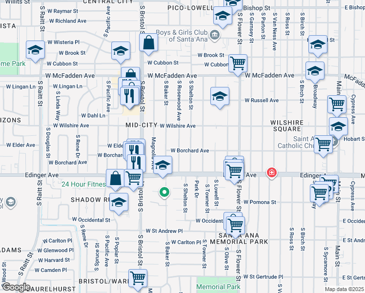 map of restaurants, bars, coffee shops, grocery stores, and more near 1341 South Rosewood Avenue in Santa Ana