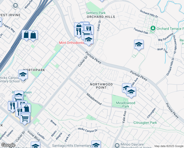 map of restaurants, bars, coffee shops, grocery stores, and more near 65 Darlington in Irvine