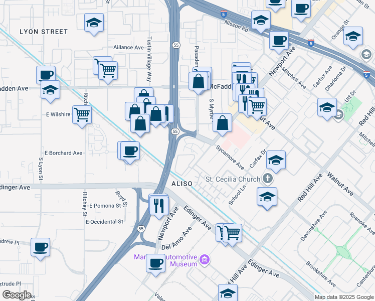 map of restaurants, bars, coffee shops, grocery stores, and more near 17022 Kenyon Drive in Tustin