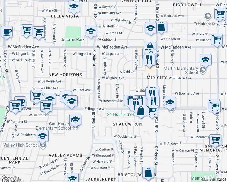 map of restaurants, bars, coffee shops, grocery stores, and more near 1342 South Rene Drive in Santa Ana