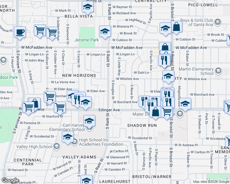 map of restaurants, bars, coffee shops, grocery stores, and more near 1342 South Joane Way in Santa Ana