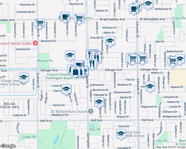 map of restaurants, bars, coffee shops, grocery stores, and more near 16072 Springdale Street in Huntington Beach
