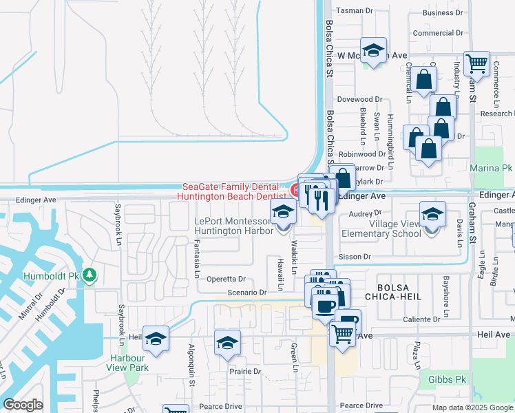 map of restaurants, bars, coffee shops, grocery stores, and more near 16041 Waikiki Lane in Huntington Beach