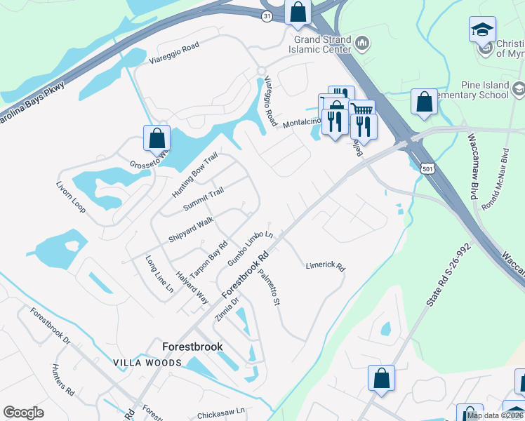 map of restaurants, bars, coffee shops, grocery stores, and more near 4541 Tarpon Bay Road in Myrtle Beach