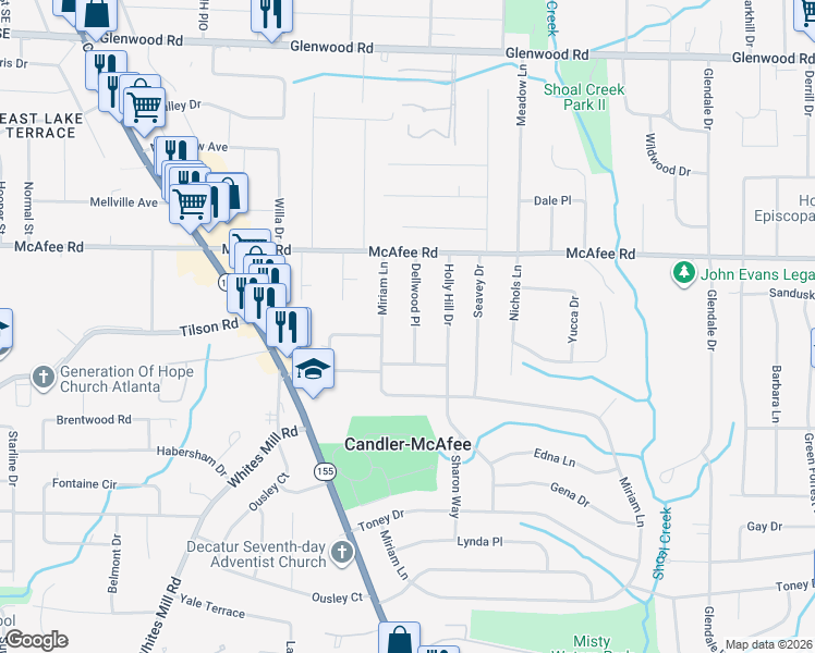 map of restaurants, bars, coffee shops, grocery stores, and more near 2096 Miriam Lane in Decatur