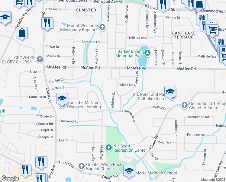 map of restaurants, bars, coffee shops, grocery stores, and more near 2101 Wildrose Drive in Decatur