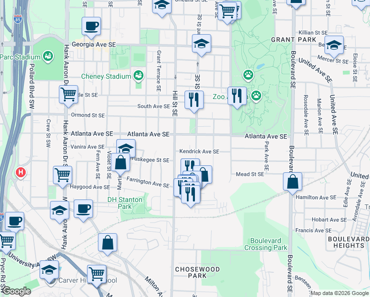 map of restaurants, bars, coffee shops, grocery stores, and more near 310 Kendrick Avenue Southeast in Atlanta