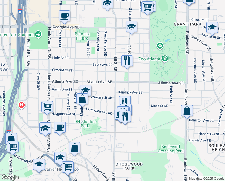 map of restaurants, bars, coffee shops, grocery stores, and more near 925 Hill Street Southeast in Atlanta