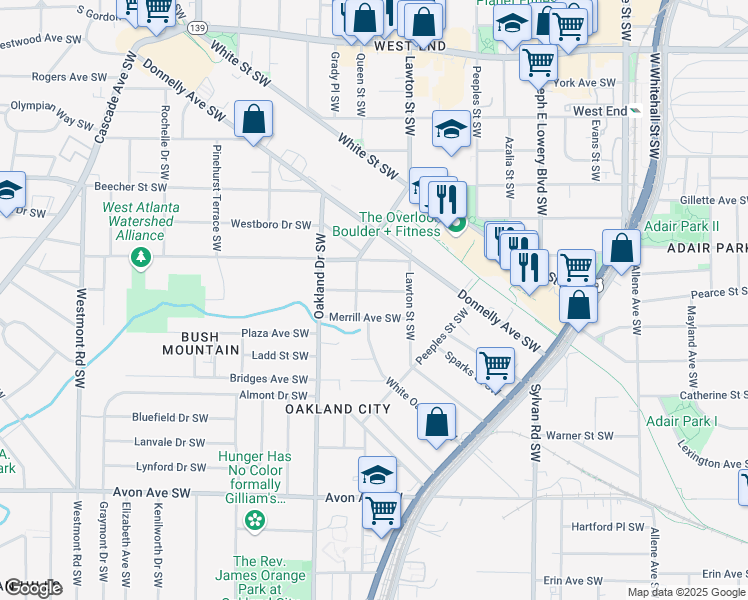 map of restaurants, bars, coffee shops, grocery stores, and more near 1121 Merrill Avenue Southwest in Atlanta